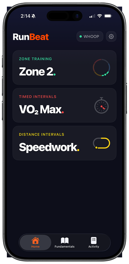 RunBeat home screen showing three training cards: Zone Training, Timed Intervals, and Distance Intervals
