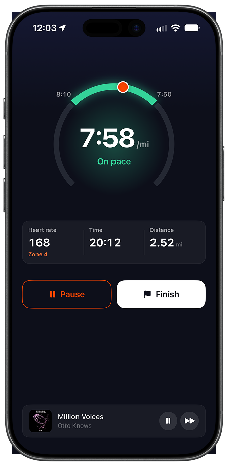 RunBeat pace training screen mid-session: 7:58 per mile, on pace inside an 8:10 to 7:50 target range, heart rate 168 in Zone 4, 2.52 miles in 20:12