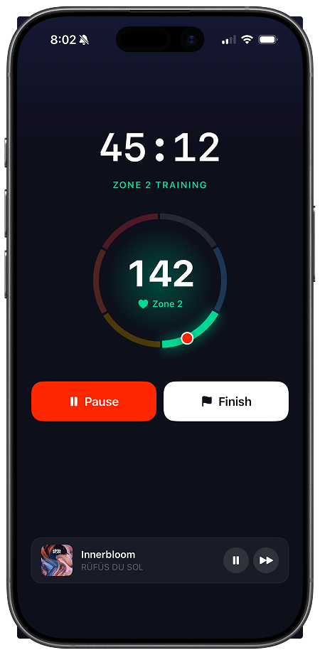 RunBeat zone training screen showing heart rate at 142 BPM in Zone 2